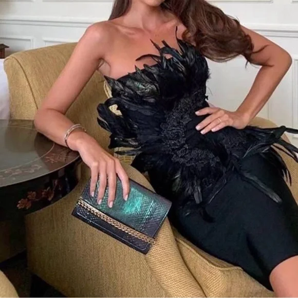 Boutique Black Feather Strapless Dress | Luxury Evening Cocktail Dress | M–L - Picture 3 of 11